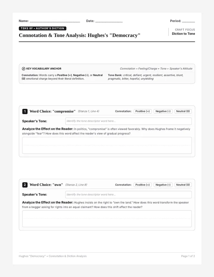 Connotation Diction Analysis Worksheet