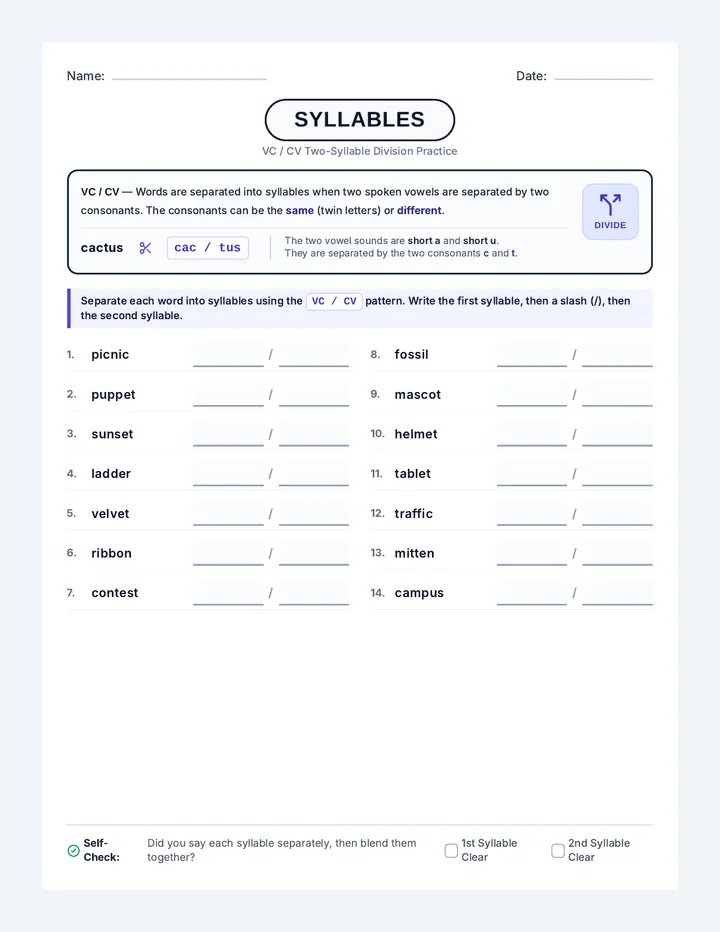 Syllable Splitters Worksheet