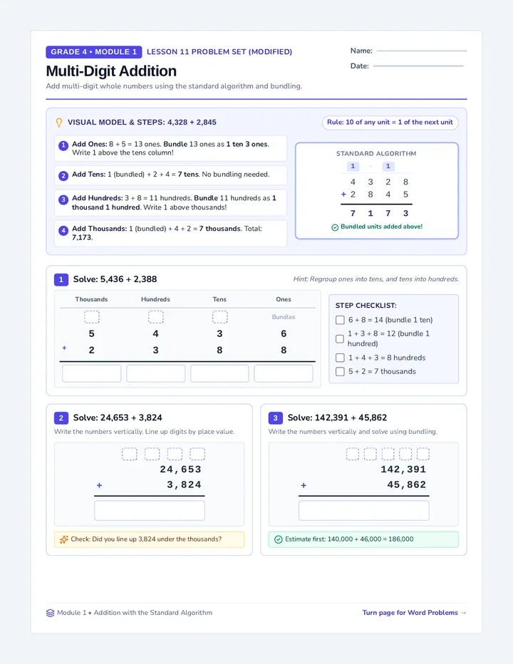 Multi-Digit Addition Problem Set
