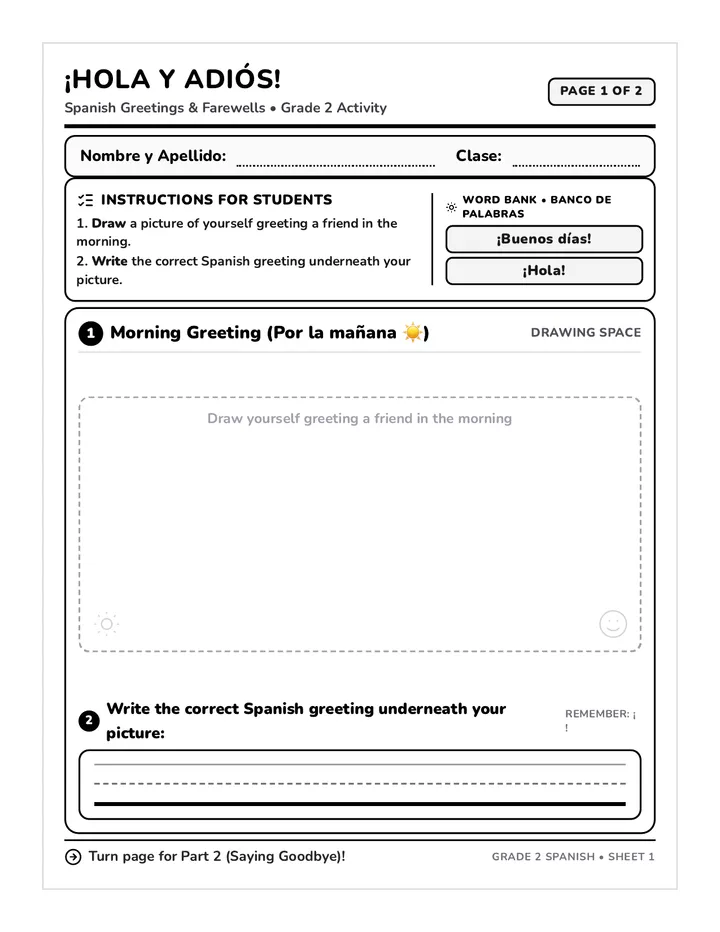 Spanish Greetings Drawing Worksheet