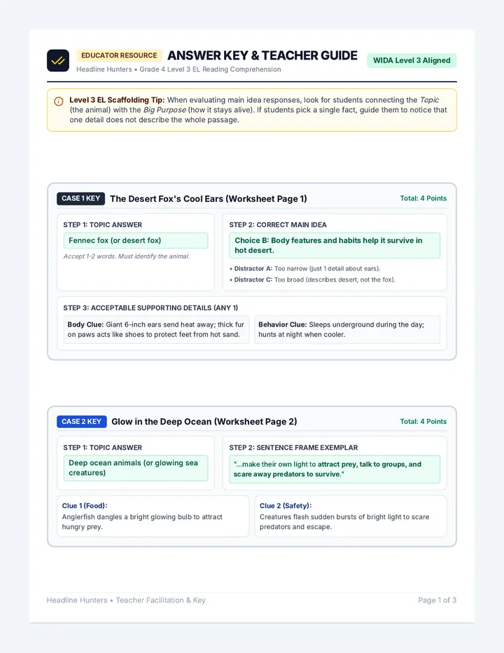 Headline Hunters Answer Key