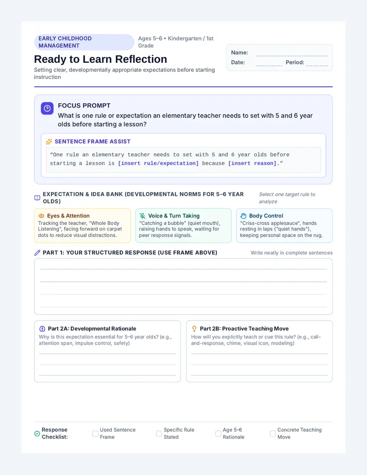Ready to Learn Reflection Worksheet