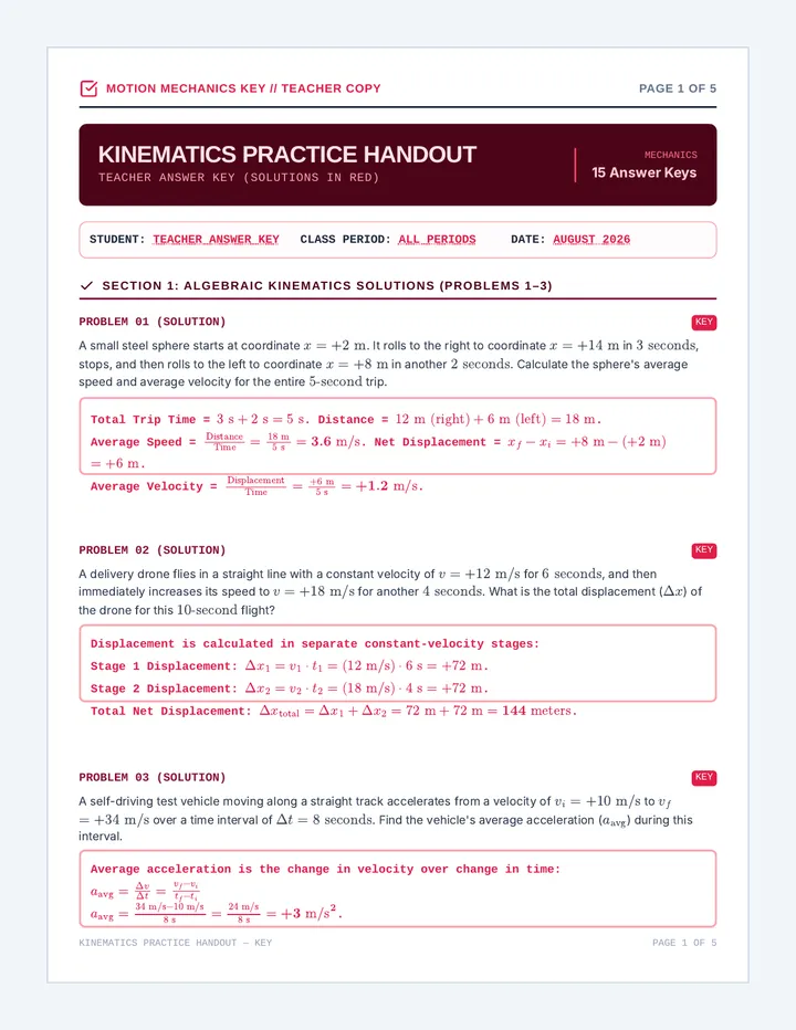 Kinematics Practice Handout Answer Key