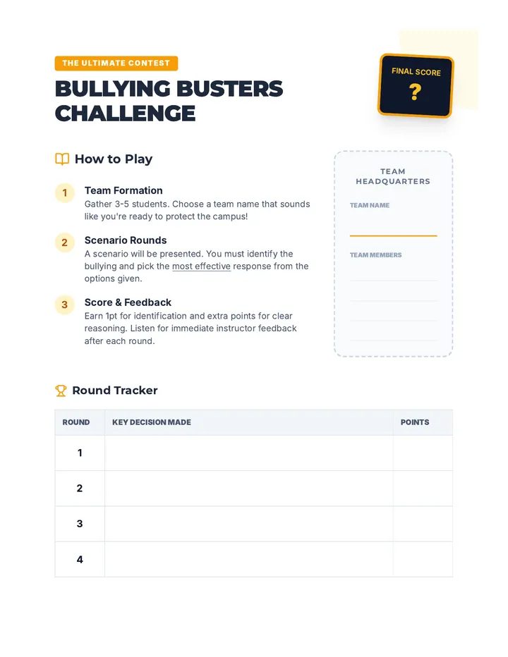 Bullying Busters Challenge Game Handout