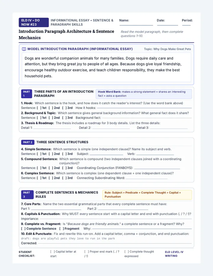 Essay Foundations Do Now Worksheet