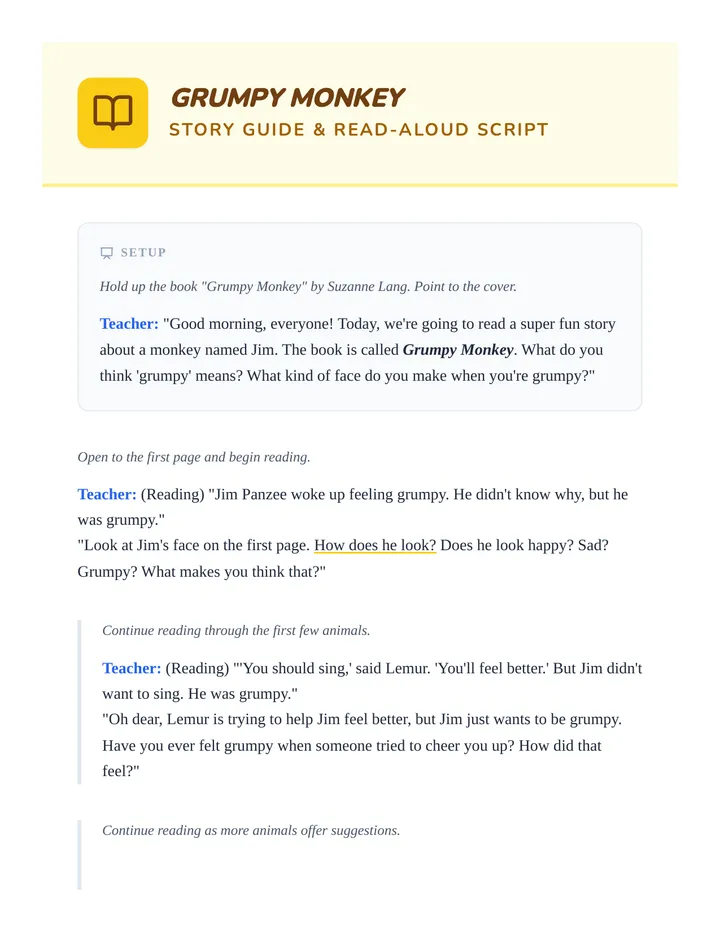 Grumpy Monkey Story Guide