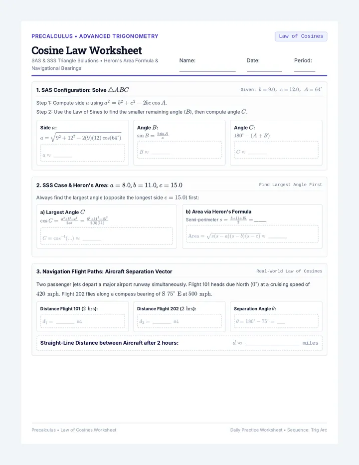 Cosine Law Worksheet