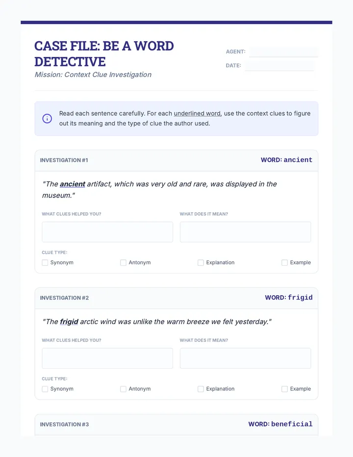 Context Clues Independent Worksheet