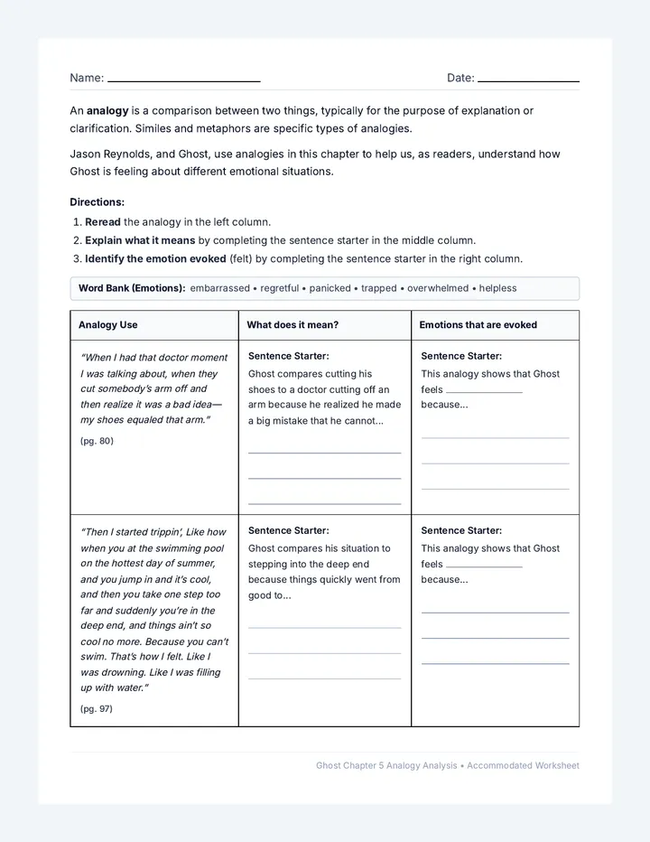 Ghost Analogies Worksheet