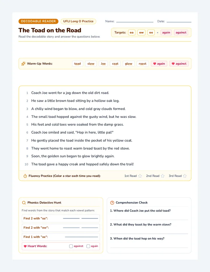 Toad Road Decodable Passage