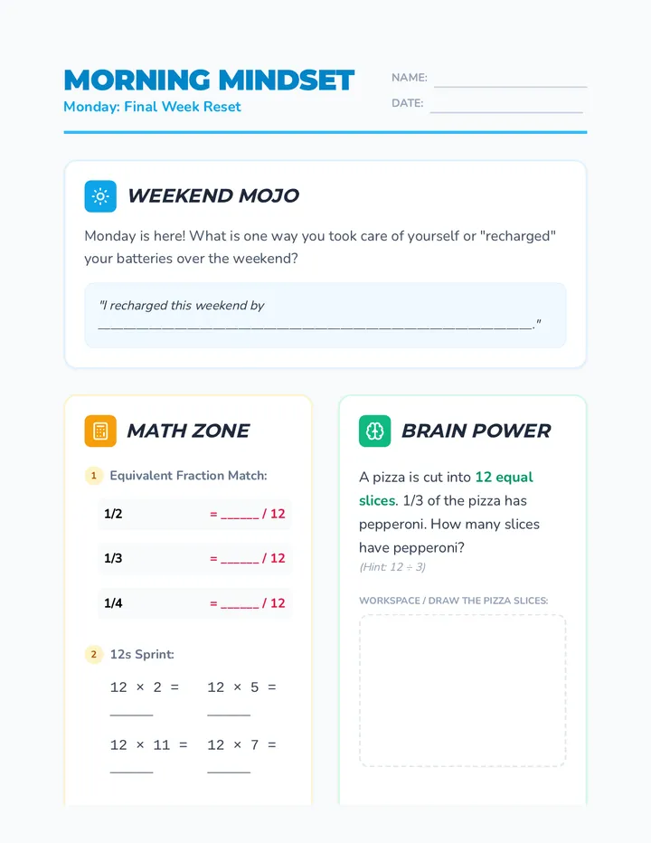 Monday Month 3 Week 4 Worksheet