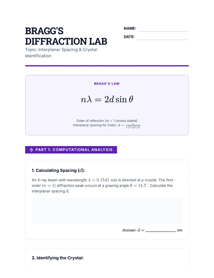 Diffraction Data Worksheet