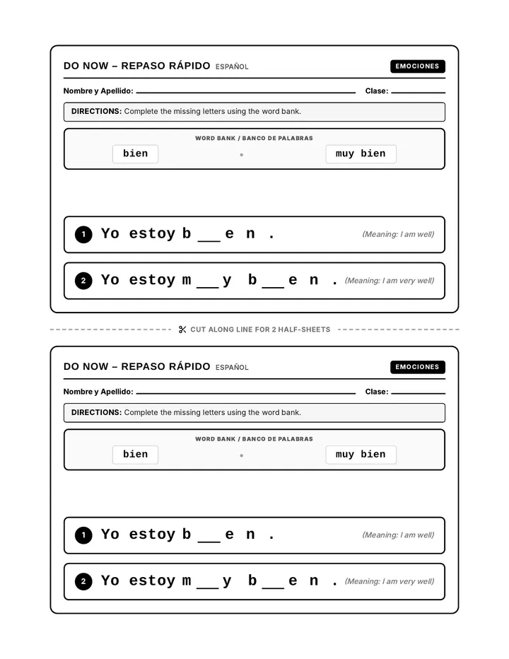 Emociones Repaso Do Now Sheet