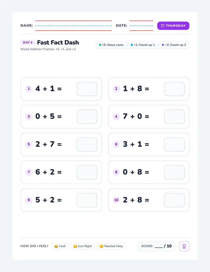 Thursday Fact Dash Worksheet