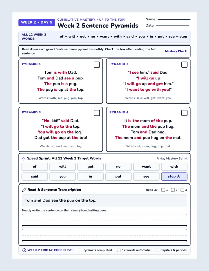 Week 2 Friday Sentences Worksheet