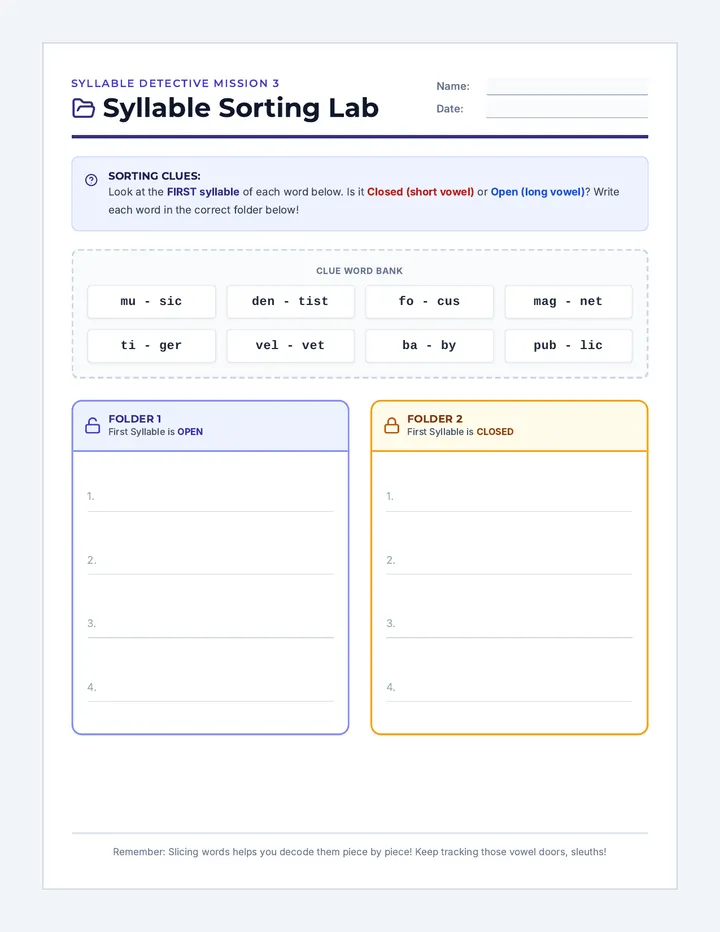 Syllable Sleuths Sorting Practice