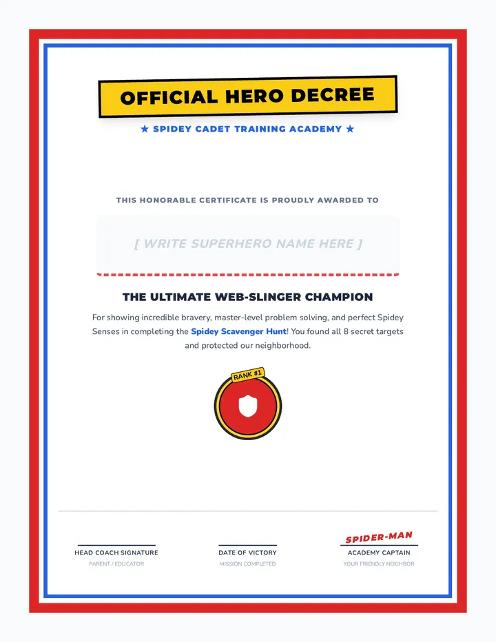 Spidey Victory Certificate