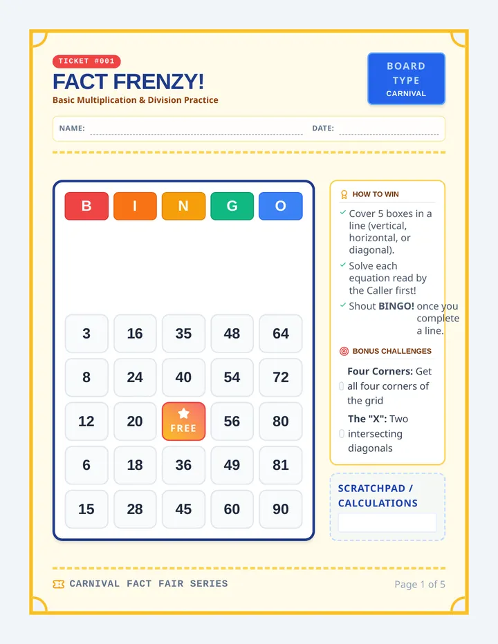 Fact Frenzy Student Bingo Cards