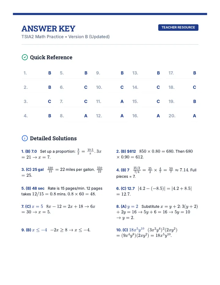 TSIA2 Math Answer Key