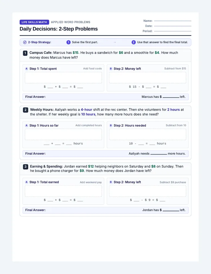 Daily Decisions Math Worksheet