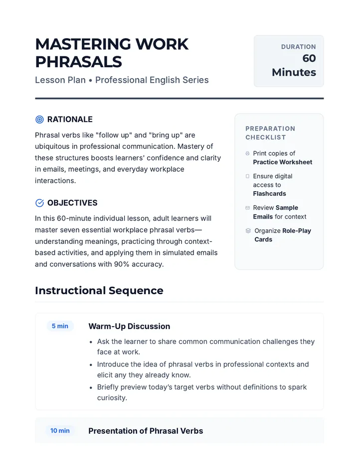 Work Phrasal Power Lesson Plan