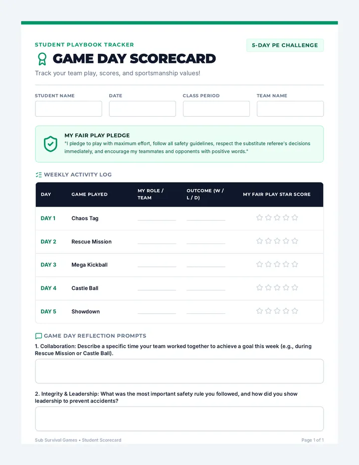 Game Day Scorecard Worksheet