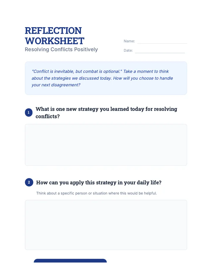 Conflict Resolution Reflection Worksheet