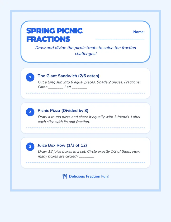 Spring Picnic Fraction Drawing Worksheet