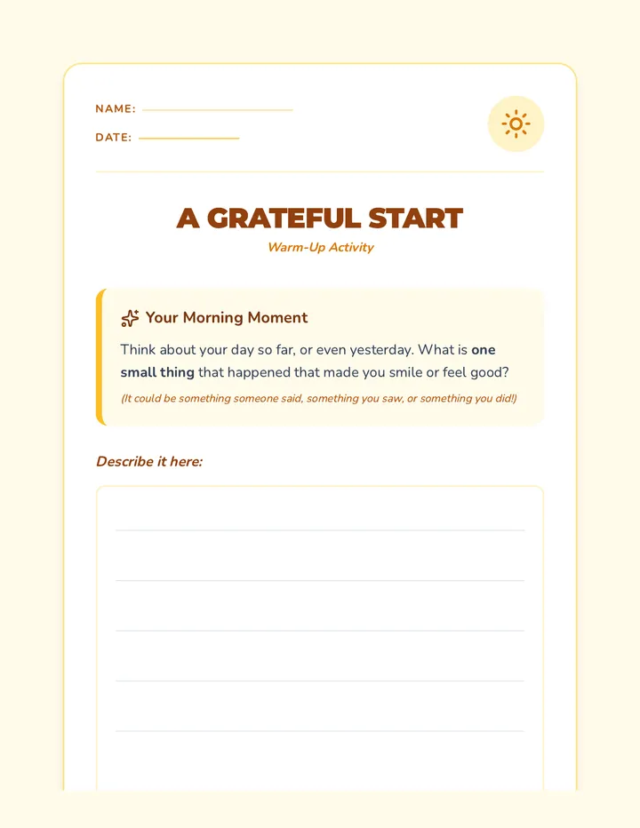 Grateful Start Warm Up Worksheet