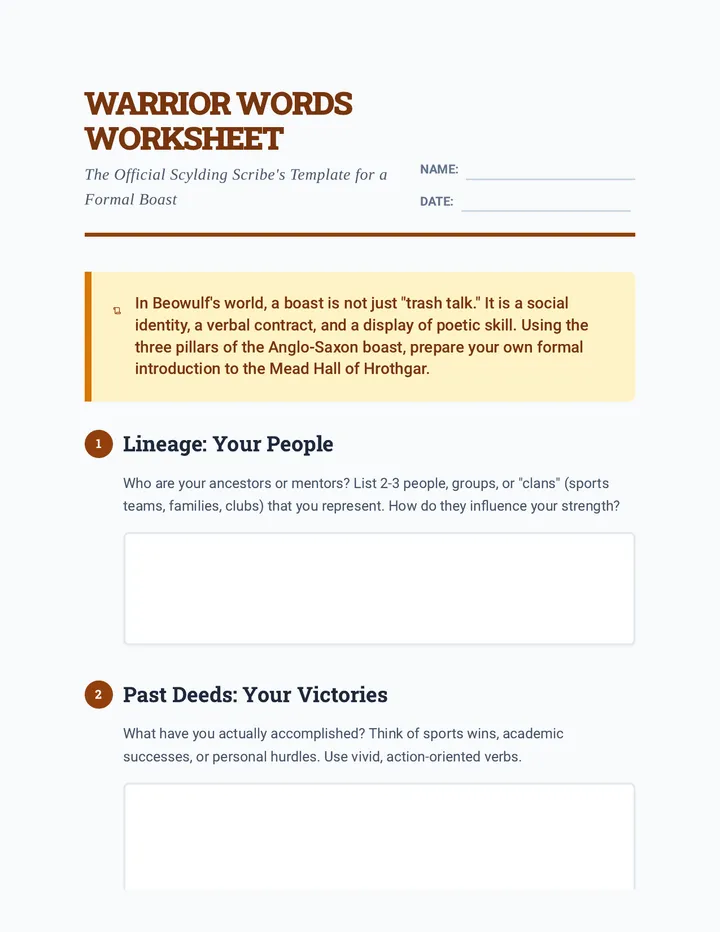 Warrior Words Worksheet
