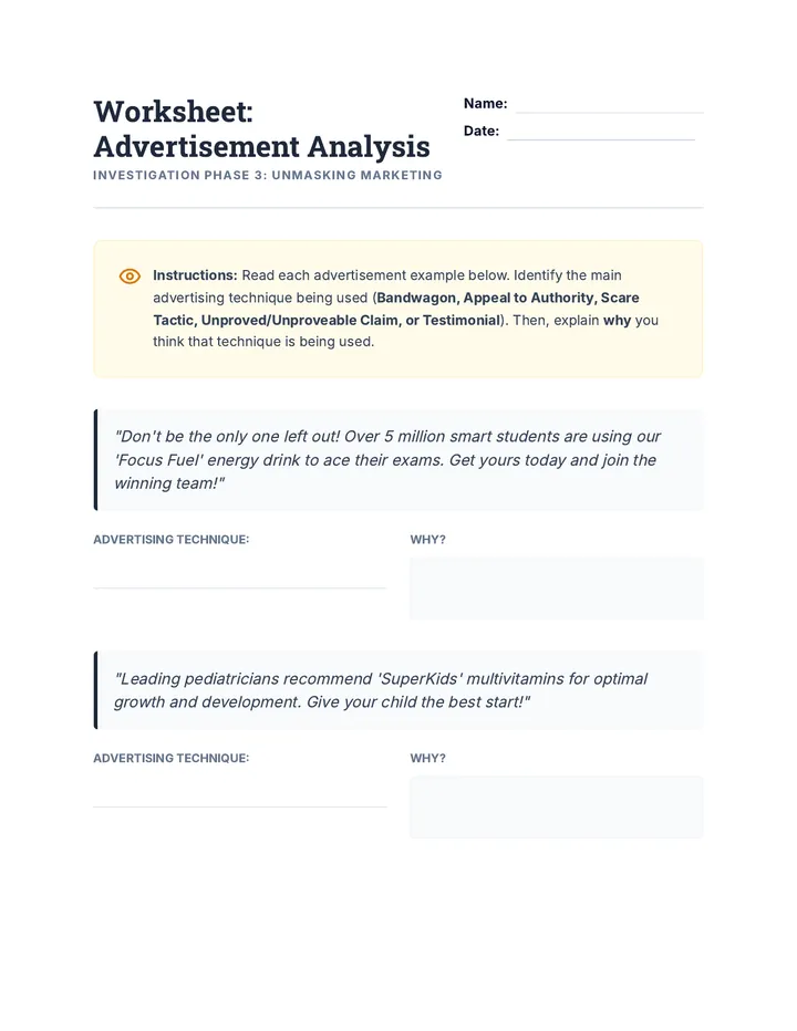 Advertisement Analysis Worksheet