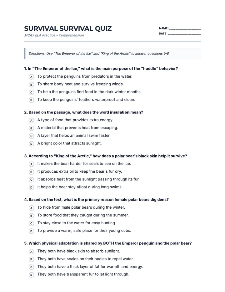 Survival Comprehension Quiz Worksheet