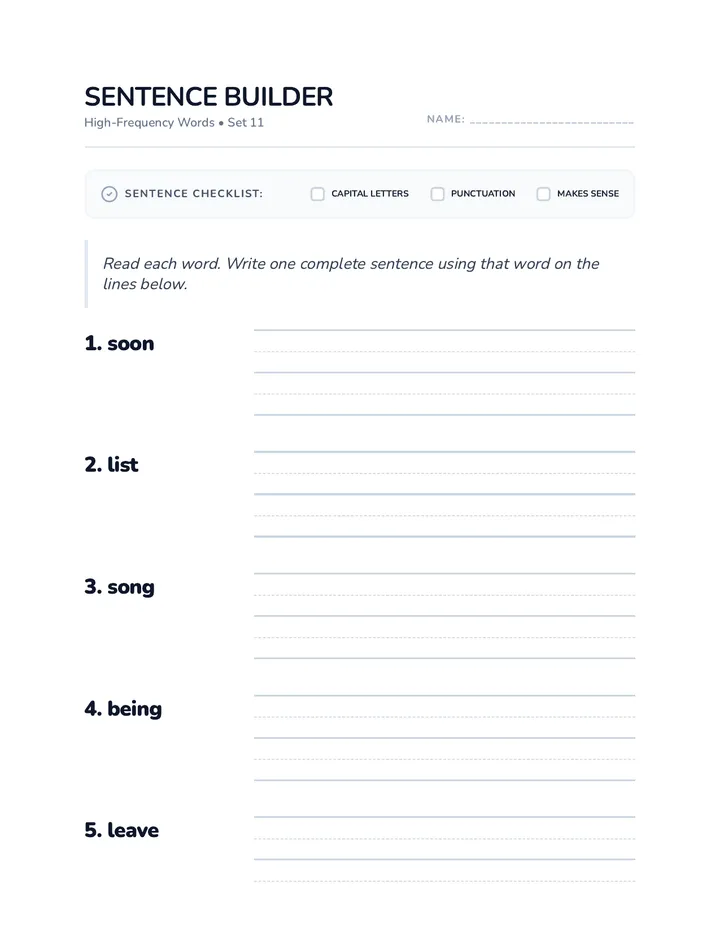 Sentence Builder Set 11 Worksheet
