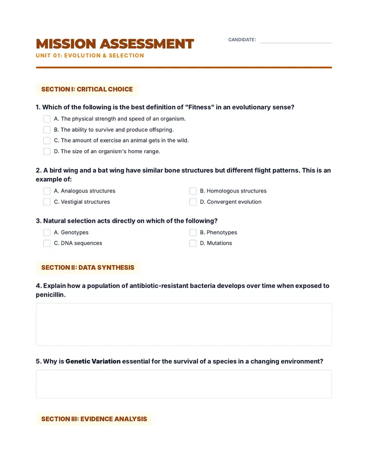 Evolution Assessment Quiz