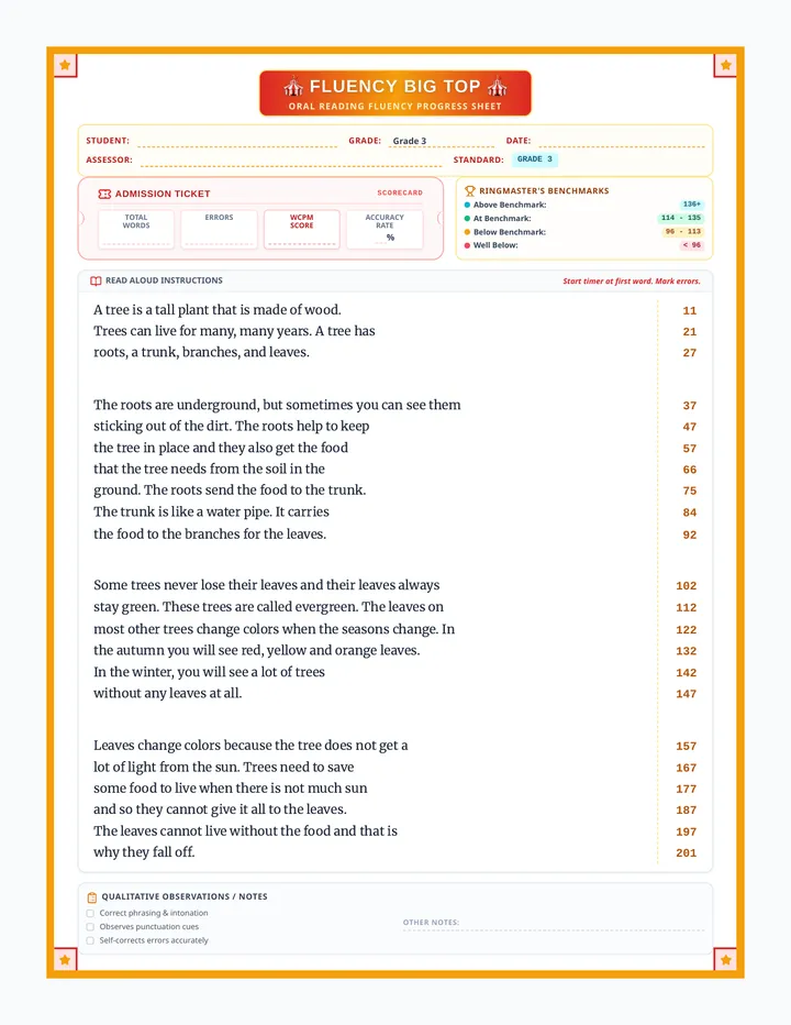 Fluency Big Top ORF Sheet page 1