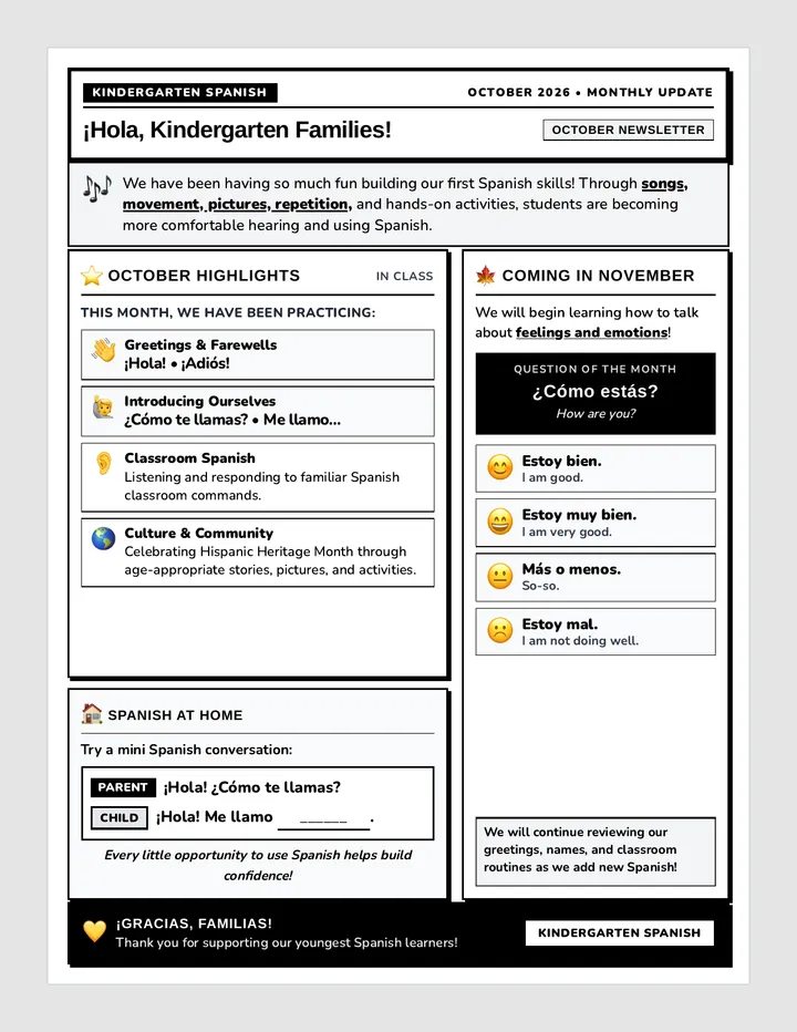 Kinder Spanish October Newsletter