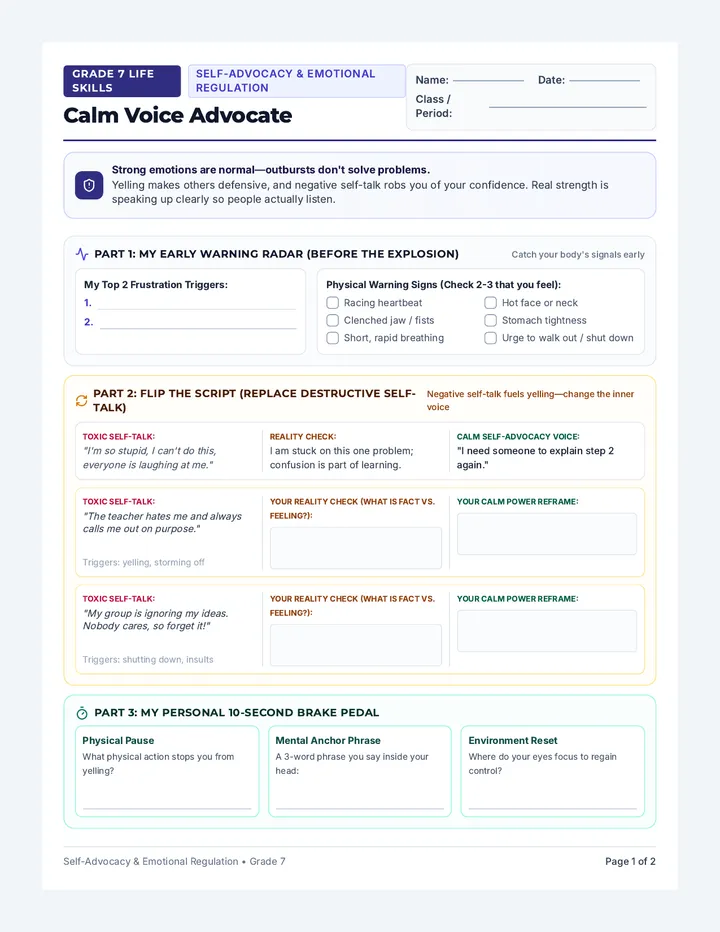 Calm Voice Advocate Worksheet