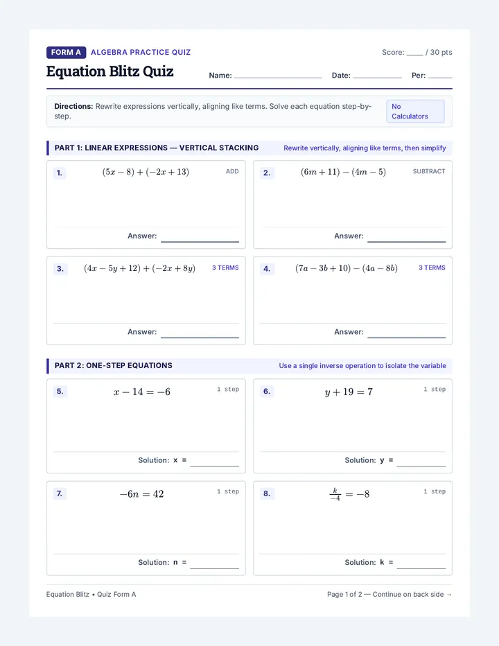 Equation Blitz Quiz A
