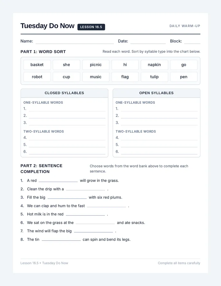 Tuesday Do Now Worksheet