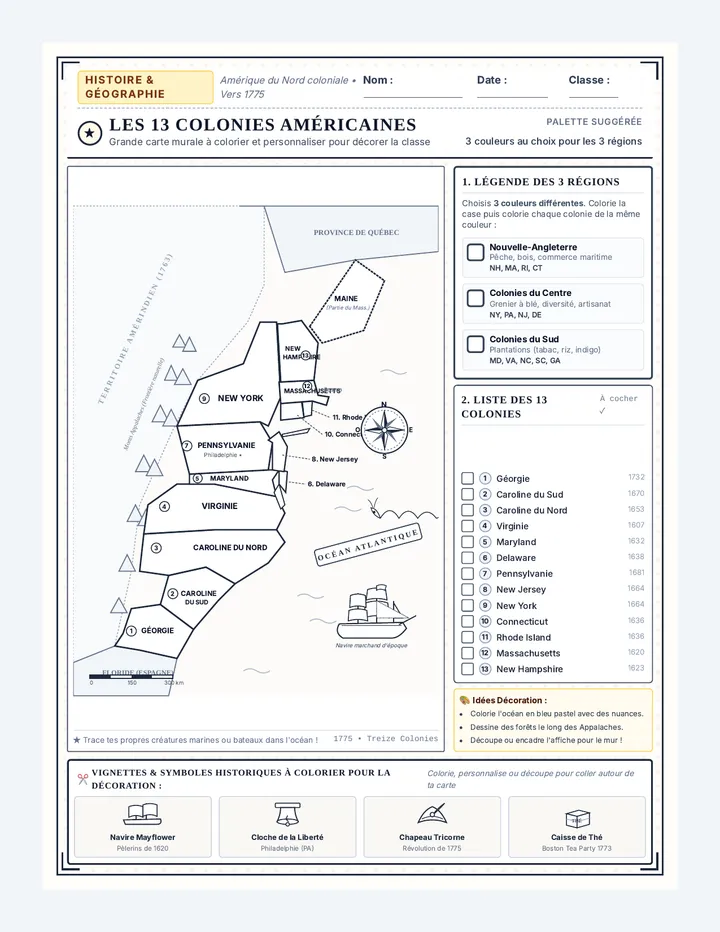 Treize Colonies Carte à Colorier