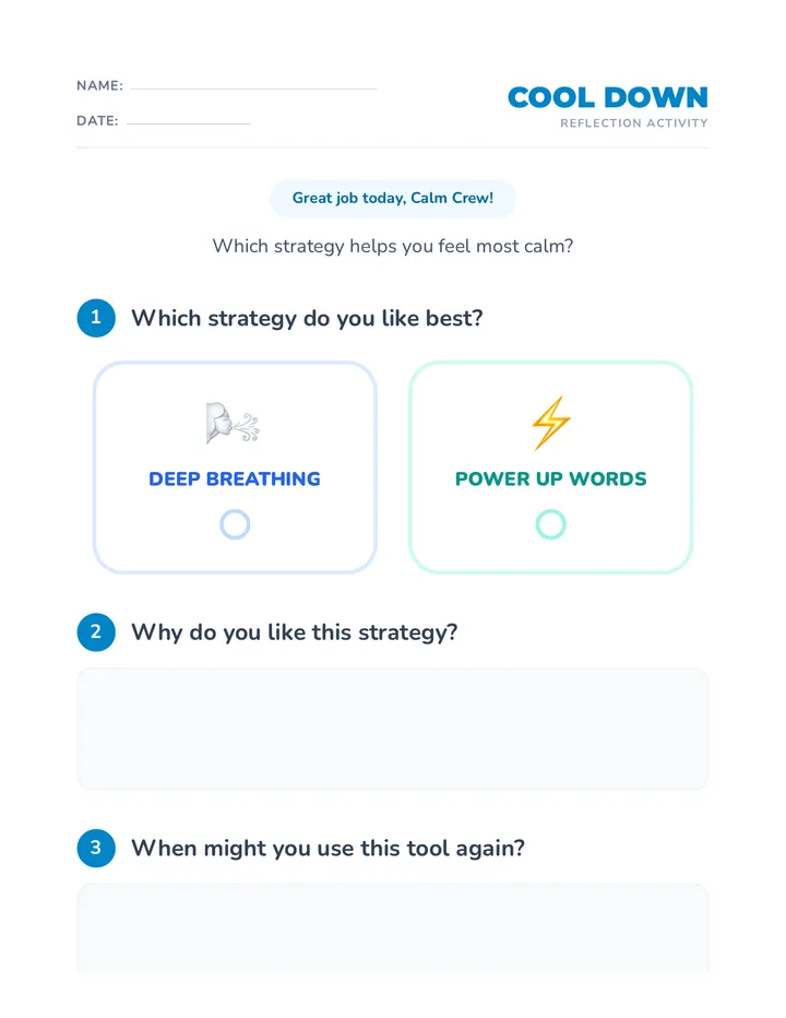 Reflection Cool Down Worksheet
