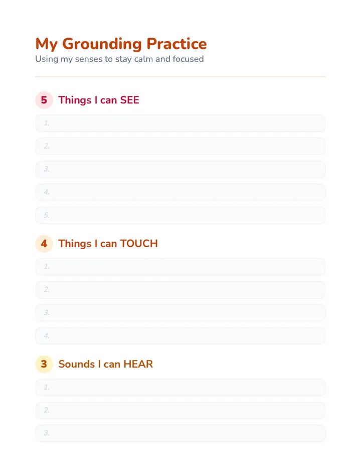 5-4-3-2-1 Grounding Worksheet Activity