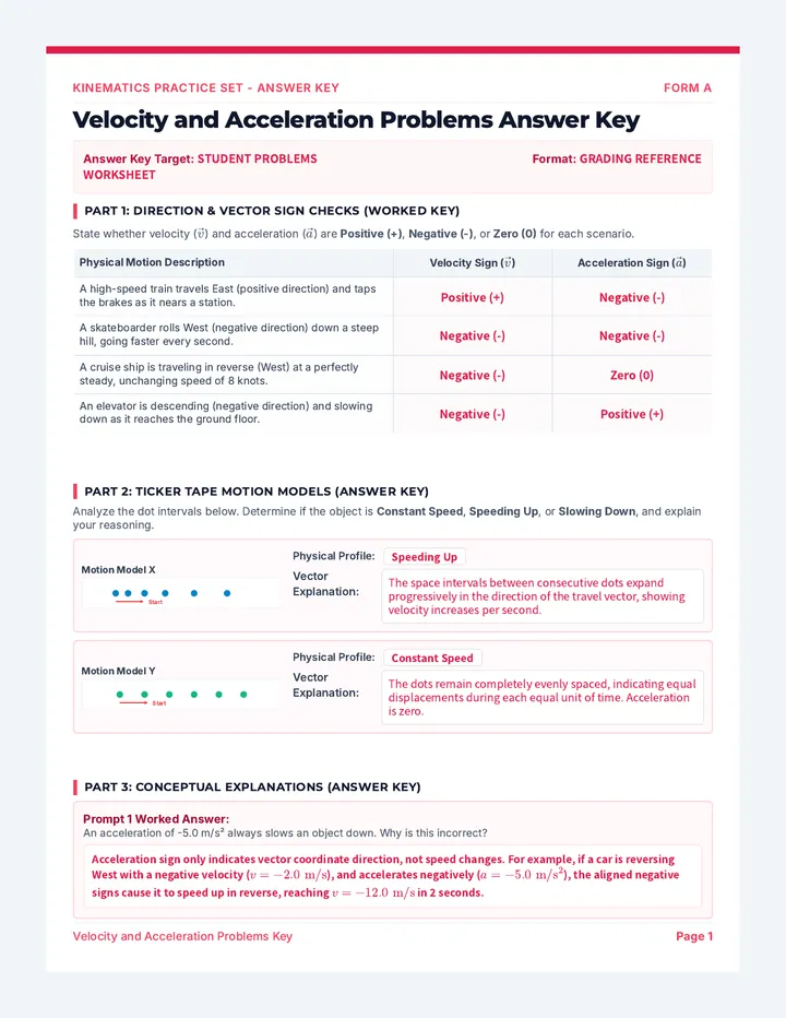 Velocity and Acceleration Problems Answer Key
