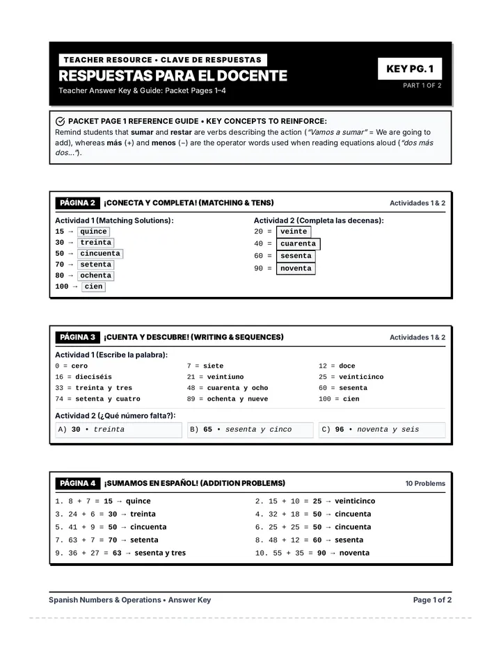 Spanish Numbers and Operations Teacher Key