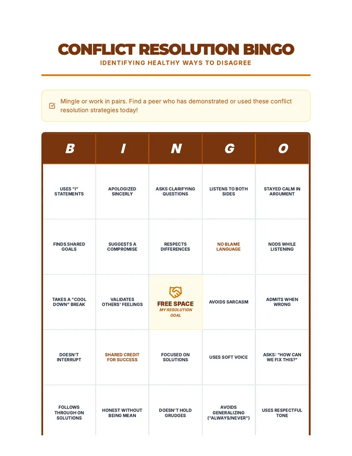 Conflict Resolution Bingo Game