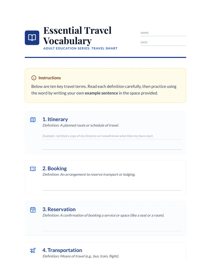 Essential Travel Vocabulary Handout