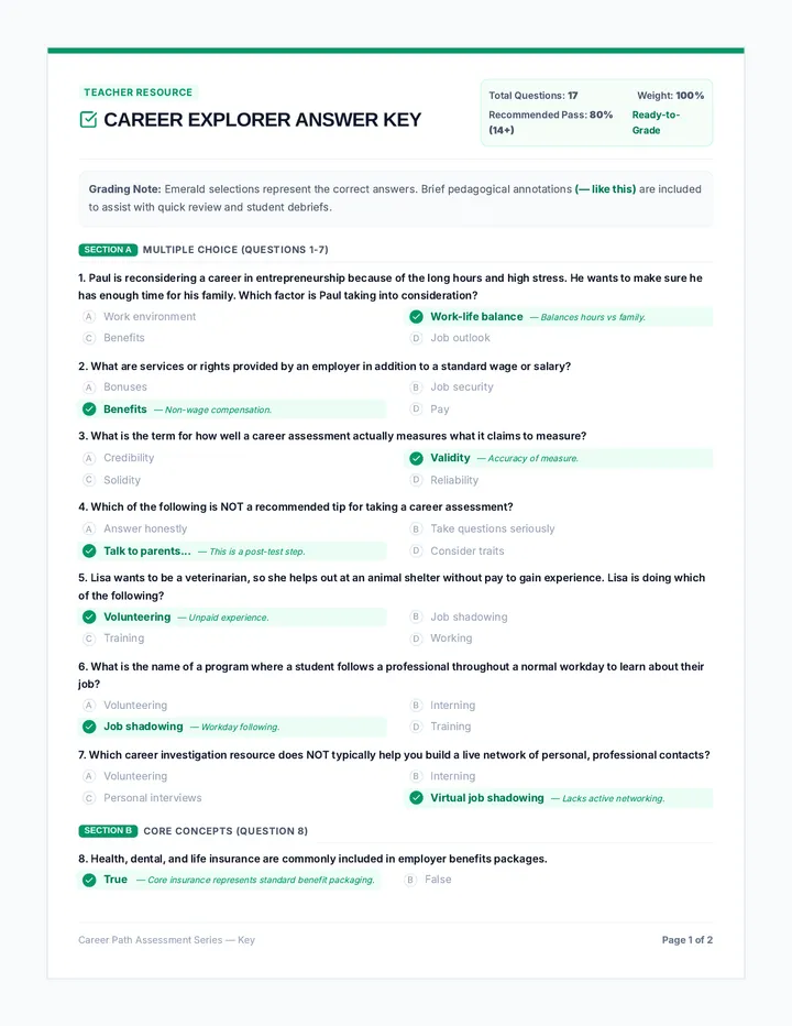 Career Explorer Answer Key