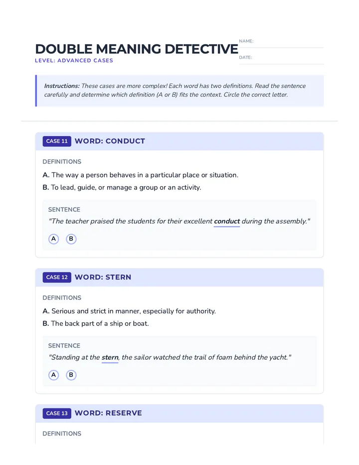 Double Meaning Advanced Worksheet