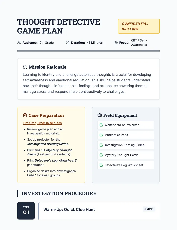 Thought Detective Game Plan Lesson Plan