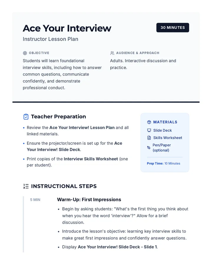 Ace Your Interview Lesson Plan
